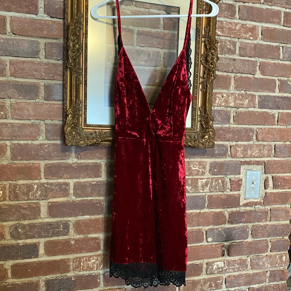 Hot Dark Wine Velvet Dress with Lace accents.
